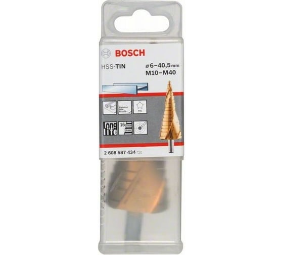 Ступенчатое сверло HSS-TiN 16 ступеней, 6-40.5 мм, M10-M40 Bosch 2608587434