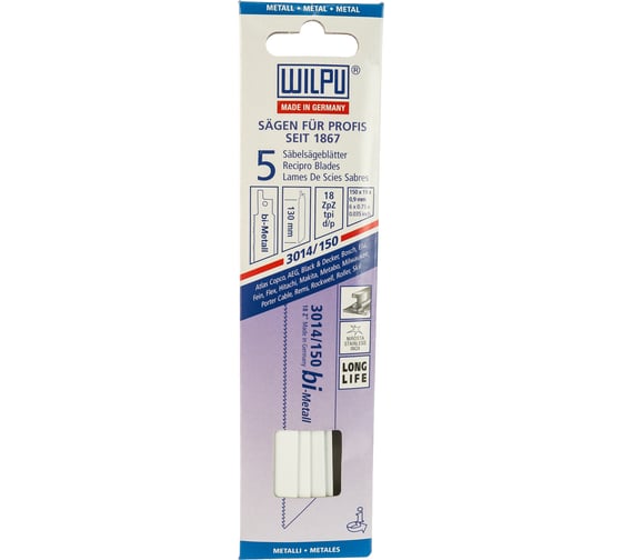 Полотно по металлу 3014/150 Bi-metal (5 шт; 150х19х0.9 мм; 130 мм; 18 TPI) WILPU 1441500005