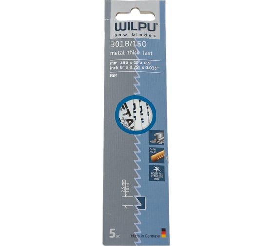 Полотно по металлу 3018/150 Bi-metall (5 шт; 150х19х0.9 мм; 130 мм; 10 TPI) WILPU 1481500005 1