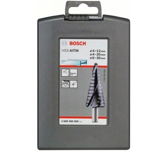Набор из 3 ступенчатых сверл HSS-AlTiN 4-12, 4-20, 6-30 мм Bosch 2608588069