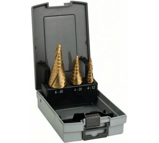 Набор из 3 ступенчатых сверл HSS-TiN 4-12, 4-20, 6-30 мм Bosch 2608587432