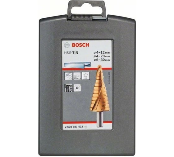 Набор из 3 ступенчатых сверл HSS-TiN 4-12, 4-20, 6-30 мм Bosch 2608587432