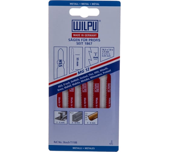 Пилка по металлу MG 12 (5 шт; 76.5х7.8х1 мм; 55 мм; 13 TPI; HSS) WILPU 265000005