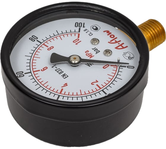 Манометр от 0 до 100 бар из углеродистой стали, D63 мм, NPT 1/4", штуцер снизу A-Flow G10-C-4N-63A-100bar