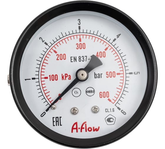 Манометр от 0 до 6 бар из углеродистой стали, D63 мм, NPT 1/4", штуцер сзади по центру A-Flow G10-C-4N-63B-6bar 1