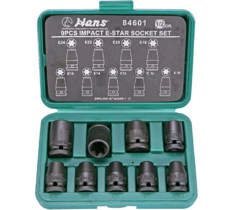 Комплект ударных торцевых головок E-STAR (Е10-Е24; 1/2"; 9 шт.) Hans 84601