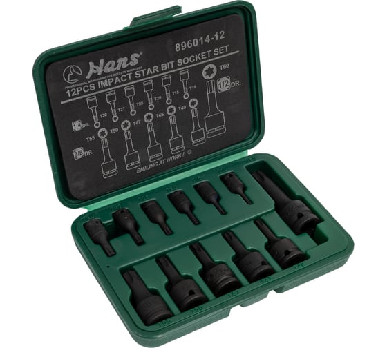 Комплект ударных торцевых головок-бит TORX (T10-T60; 1/4"; 12 шт.) Hans 896014-12 1