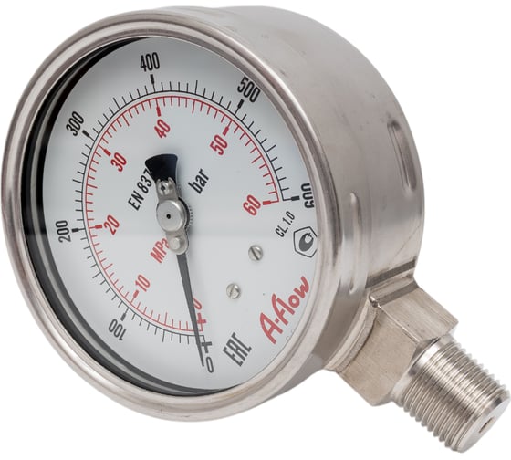 Манометр от 0 до 600 бар из нержавеющей стали, D100 мм, NPT 1/2", штуцер снизу A-Flow G32-S-8N-100A-600bar