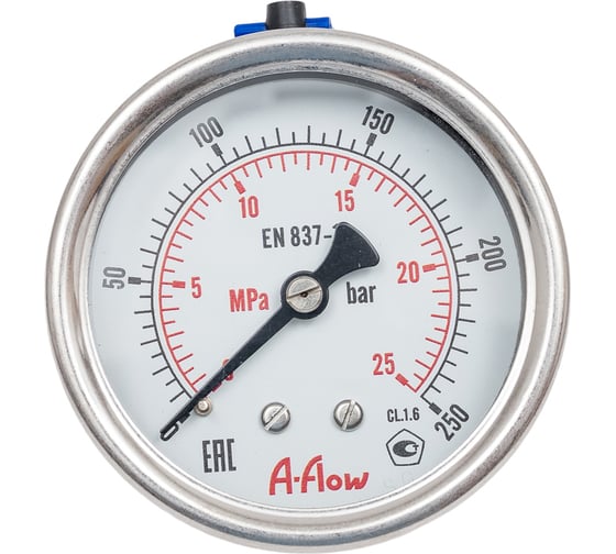 Манометр от 0 до 250 бар из нержавеющей стали, D63 мм, NPT 1/4", штуцер сзади по центру A-Flow G32-S-4N-63B-250bar