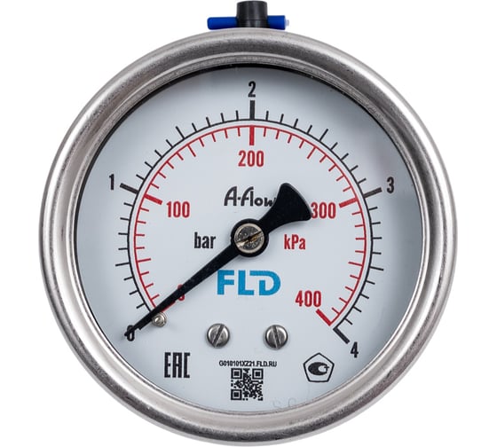 Манометр от 0 до 4 бар из нержавеющей стали, D63 мм, NPT 1/4", штуцер сзади по центру A-Flow G32-S-4N-63B-4bar 1