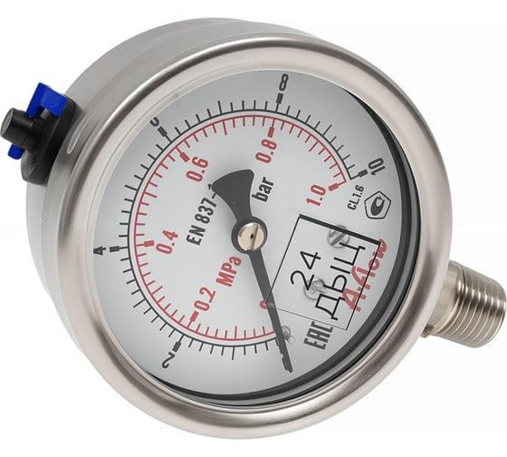 Манометр от 0 до 10 бар из нержавеющей стали, D63 мм, NPT 1/4", штуцер снизу, с поверкой A-Flow G32-S-4N-63A-10bar-VE