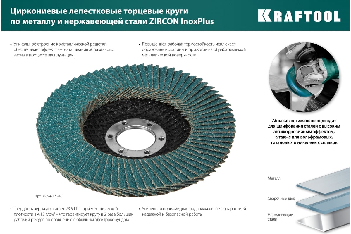 Лепестковый циркониевый торцевой круг KRAFTOOL ZIRCON Inox-Plus по металлу  и нержавеющей стали, 125x22.2 мм, P80 36594-125-80