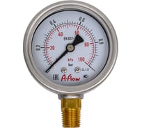 Манометр от 0 до 1 бар из нержавеющей стали, D63 мм, NPT 1/4", штуцер снизу A-Flow G22-S-4N-63A-1bar