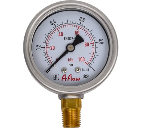 Манометр от 0 до 1 бар из нержавеющей стали, D63 мм, NPT 1/4", штуцер снизу A-Flow G22-S-4N-63A-1bar