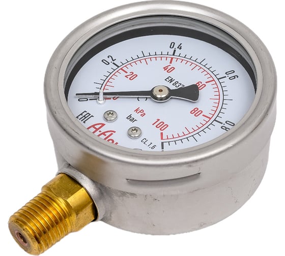 Манометр от 0 до 1 бар из нержавеющей стали, D63 мм, NPT 1/4", штуцер снизу A-Flow G22-S-4N-63A-1bar