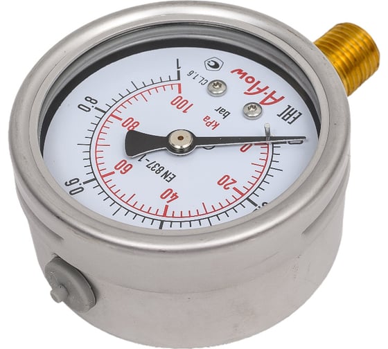 Манометр от 0 до 1 бар из нержавеющей стали, D63 мм, NPT 1/4", штуцер снизу A-Flow G22-S-4N-63A-1bar