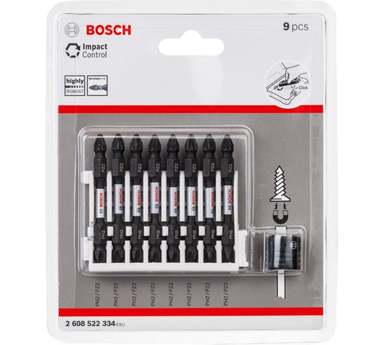 Двухсторонние ударные биты Impact Control (PH2/PZ2; 65 мм; 8 шт.) + магнитная муфта Bosch 2608522334 1