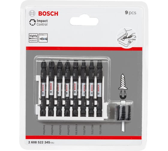 Набор двусторонних ударных бит Impact Control (65 мм; 8 шт.) + магнитная муфта Bosch 2608522345 1