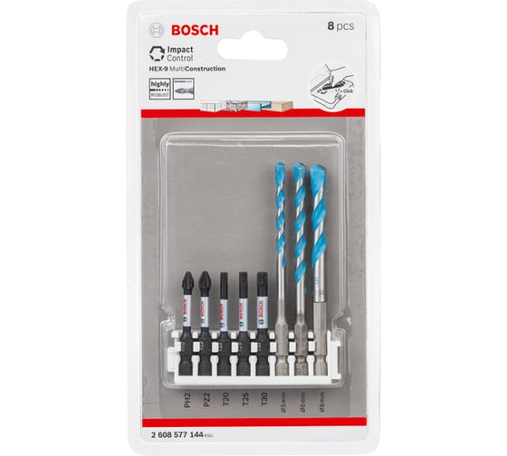 Набор ударных бит и сверл Hex-9 MultiConstruction Impact Control (5-8 мм) 8 шт. Bosch 2608577144 1