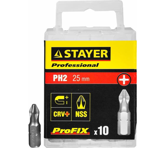 Биты PROFESSIONAL ProFix Phillips (10 шт; 25 мм; PH2; 1/4") STAYER 26201-2-25-10_z01 1