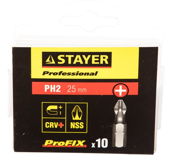 Биты PROFESSIONAL ProFix Phillips (10 шт; 25 мм; PH2; 1/4") STAYER 26201-2-25-10_z01