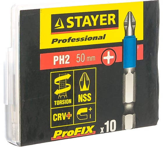 Биты PROFESSIONAL ProFix Phillips (10 шт; 50 мм; PH2; 1/4") STAYER 26203-2-50-10_z01
