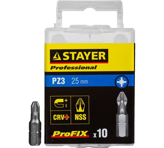 Биты PROFESSIONAL ProFix Pozidriv (10 шт; 25 мм; PZ3; 1/4") STAYER 26221-3-25-10_z01 1