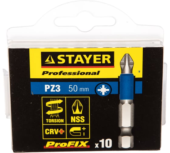 Биты PROFESSIONAL ProFix Pozidriv (10 шт; 50 мм; PZ3; 1/4") STAYER 26223-3-50-10_z01