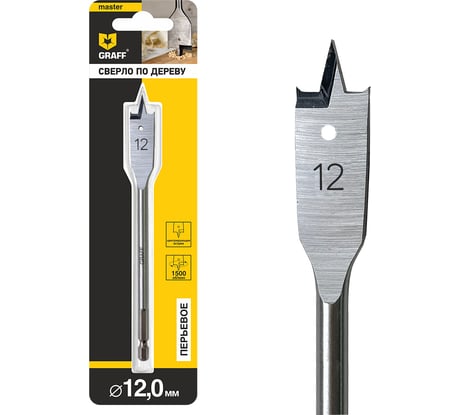 Сверло перьевое (перовое) по дереву 12x150 мм в блистере GRAFF 8812150
