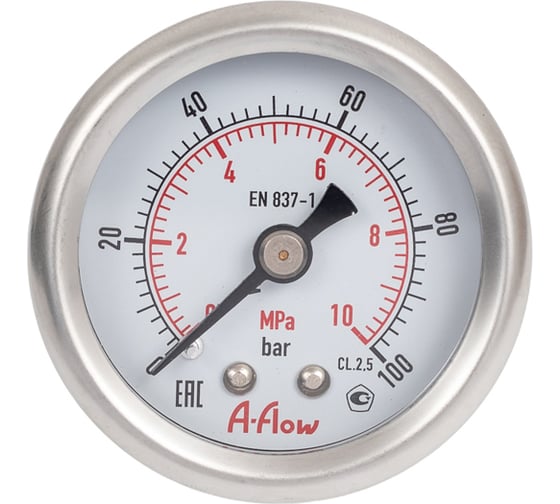 Манометр от 0 до 100 бар из нержавеющей стали, D40 мм, NPT 1/8", штуцер сзади по центру A-Flow G20-S-2N-40B-100bar 1