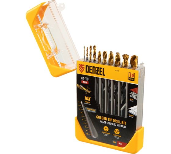 Набор сверл по металлу Golden Tip 1-10 мм, HSS-Tin, 10 шт Denzel 72316