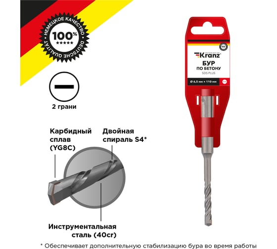 Бур по бетону 6.5x110x50 мм, SDS-Plus KRANZ KR-91-0004