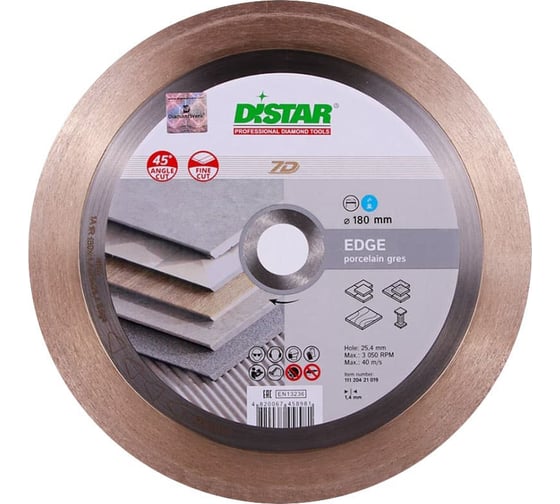 Диск алмазный сплошной по керамограниту, плитке, кафелю EDGE 7D 180x1.4x25x25.4 мм DiStar 11120421014 1