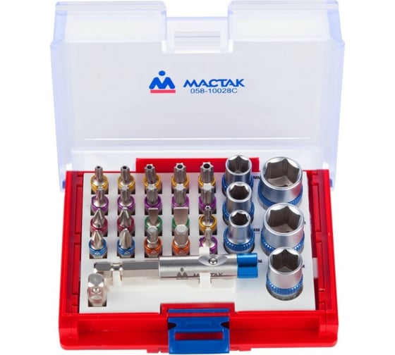 Набор вставок бит 1/4, TORX, HEX, PZ, PH, SLOT, 28 предметов МАСТАК 058-10028C