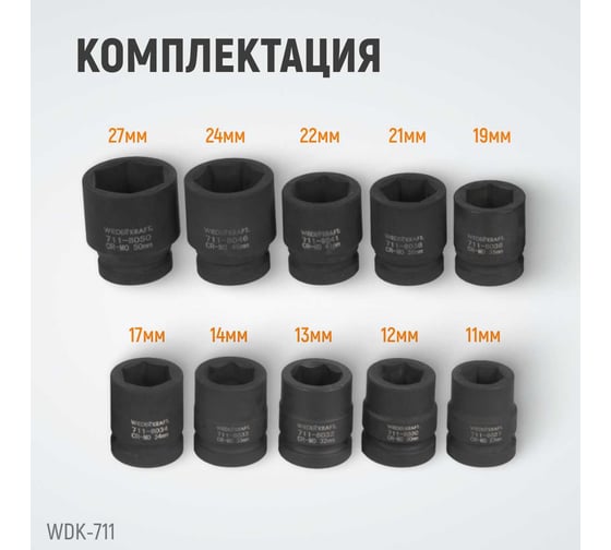 Набор головок ударных (27-50 мм; 1"; 10 шт.) WIEDERKRAFT WDK-711