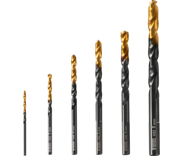 Набор сверл по металлу Golden Tip 2, 3, 4, 5, 6, 8 мм, HSS-Tin, 6 шт Denzel 72300