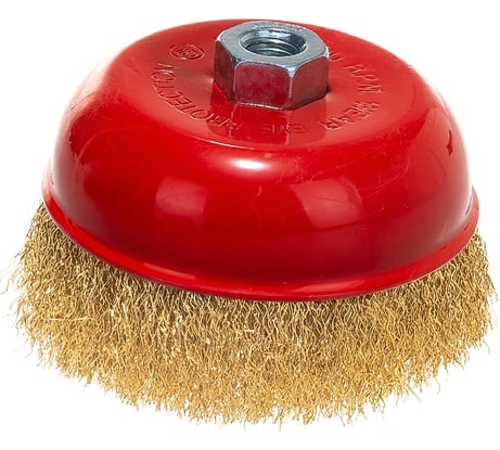 Чашечная корщетка, гайка М14, стальная латунированная волнистая проволока 125 мм КУРС 39039