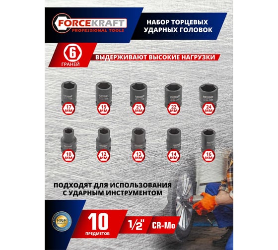 Набор головок ударных 1/2" DR, 6-граные, 10 предметов (10, 12, 13, 14, 16, 17, 19, 21, 22, 24 мм, в металлическом кейсе) Forcekraft FK-4109-5MPB(54596)
