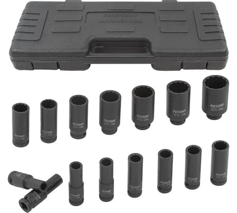 Набор головок 12-гранных ударных, глубоких, 15 предметов, 1/2" в пластиковом кейсе Forcekraft FK-4166D-9MPB(54559)