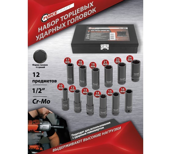 Набор головок 6 гранных ударных, глубоких 12 предметов 1/2" DR (10, 12-19, 21, 22, 24 мм , в металлическом кейсе) Forcekraft FK-4127-5MPB 54557