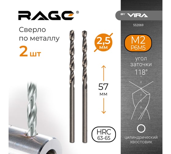 Сверло по металлу (2 шт; 2.5х57х30 мм) RAGE by VIRA 552069