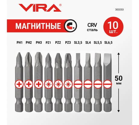 Набор бит VIRA 50 мм 10 предметов 303253