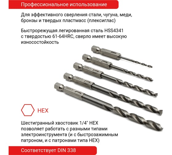 Набор сверл по металлу с шестигранным хвостовиком (5 шт; 2-6 мм) Vira 550109