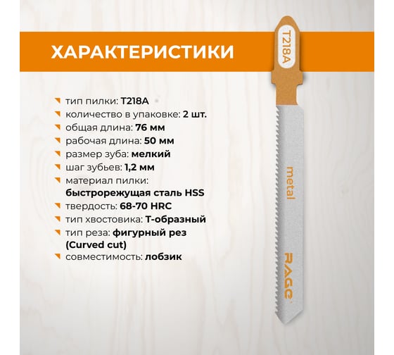 Пилки для лобзика по металлу 76 мм 2 шт RAGE By VIRA T218A 552029