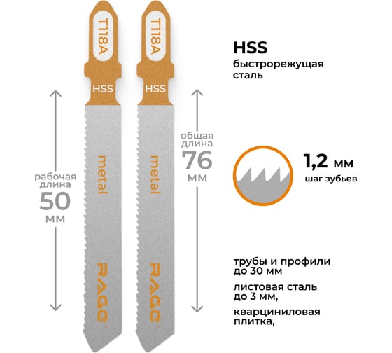 Пилка по металлу T118A (2 шт; 75мм) для лобзиков RAGE by VIRA 552038
