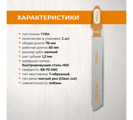 Пилка по металлу T118A (2 шт; 75мм) для лобзиков RAGE by VIRA 552038