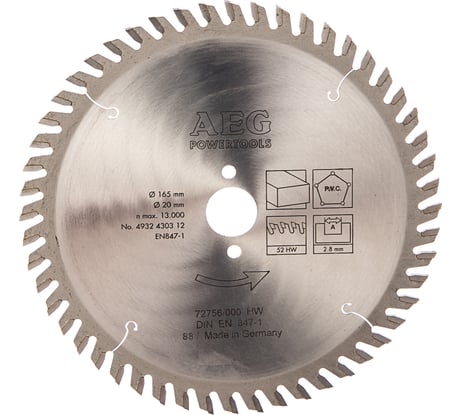 Диск пильный по дереву (165x20 мм; 52Z) AEG 4932430312