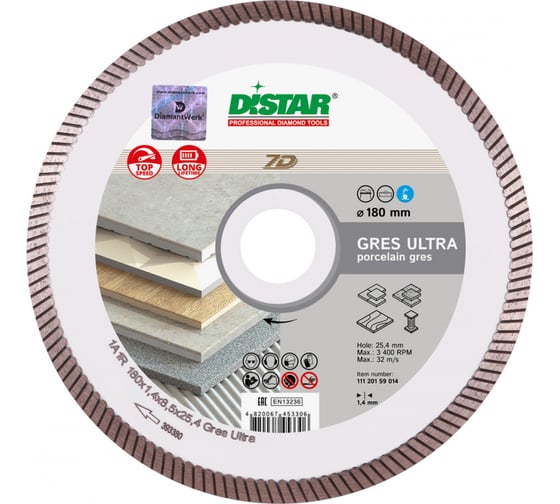 Диск алмазный сплошной по керамике Gres Ultra (180х1.4х25.4 мм) DiStar 11120159014 1