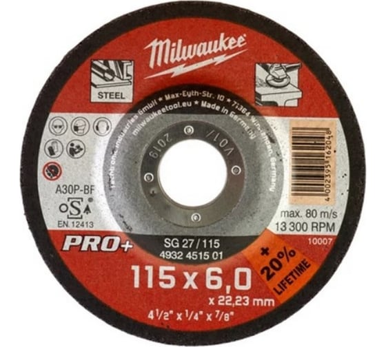 Шлифовальный диск по металлу PRO+ тип SG 27, 115x6х22.2 мм Milwaukee 4932451501 1