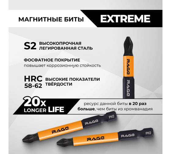 Биты магнитные PH2, 70 мм, 5 шт, S2 rage by VIRA 554165